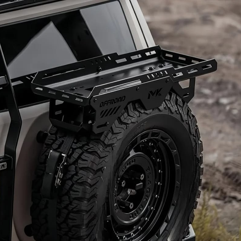 Rear Spare Tire Cargo Rack Platform – Black Off-Road Storage Shelf